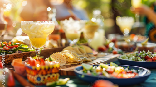 A family hosts a Cinco de Mayo celebration at home, with a DIY taco bar and homemade margaritas on a festively decorated table. , natural light, soft shadows, with copy space photo