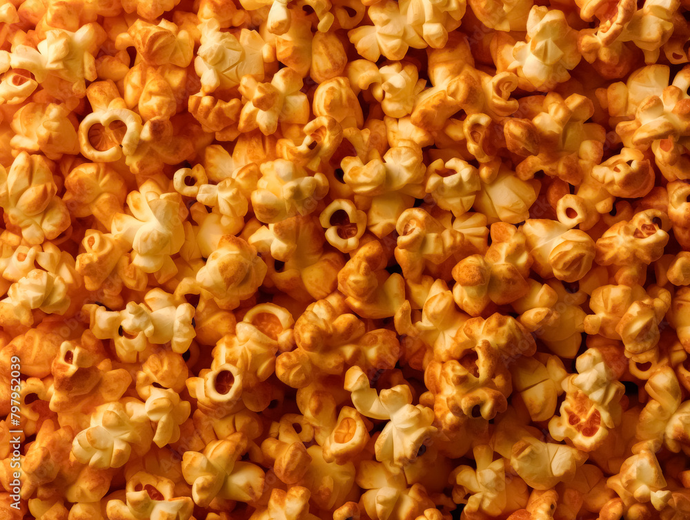 A close up of popcorn with a golden brown color. The popcorn is in a pile and has a crispy texture