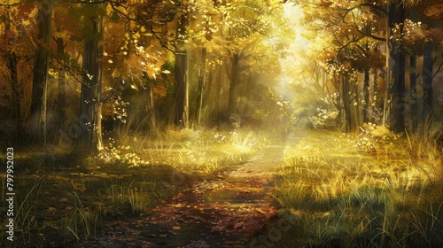 A path leading through the forest, bathed in golden sunlight filtering through tall trees © PicTCoral