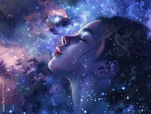 Cosmic dream, woman amidst the stars and galaxies.