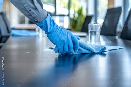 Cleaning staff disinfecting and wiping office tables for hygienic environment maintenance photo