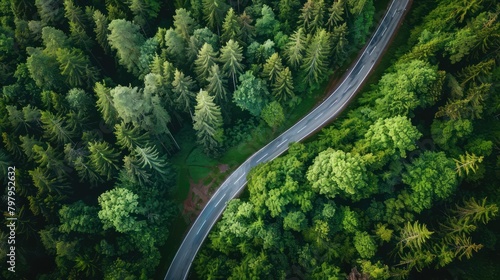 view Beautiful road route between forests seen from above