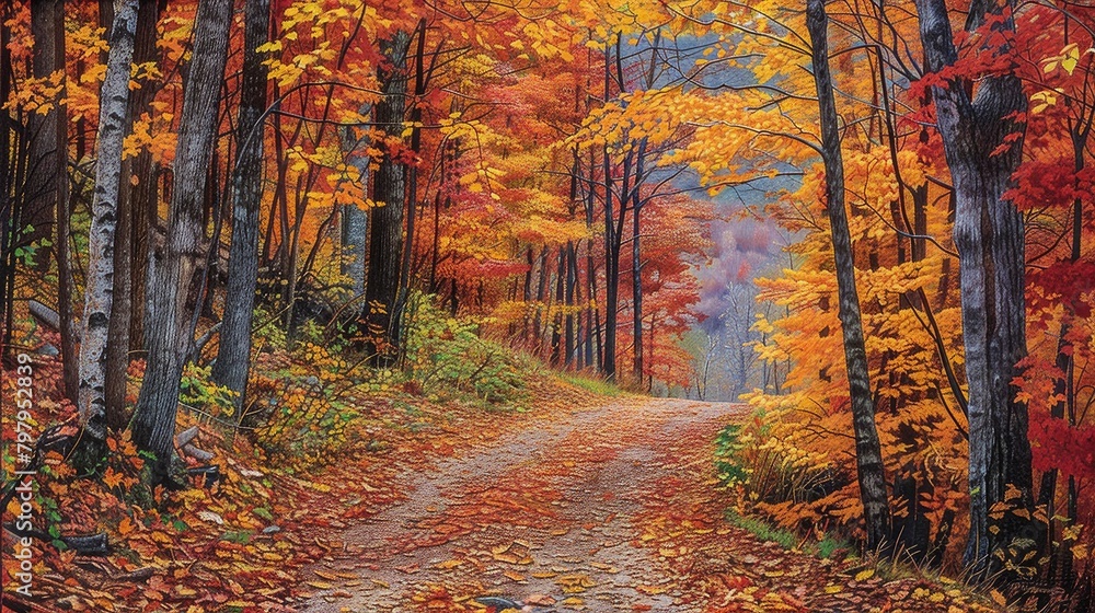 A picturesque autumn scene of an old forest road, covered in fallen leaves and adorned with vibrant reds, oranges, yellows, and greens A picturesque autumn scene of an old forest road, covered in fallen leaves and adorned with vibrant reds, oranges, yellows, and greens