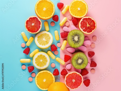 Colorful mix of fresh fruits and assorted pills. Top view.