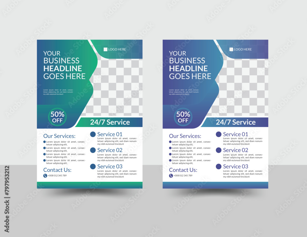 Creative medical flyer design template. Modern medical flyer layout with edited geometric shapes made with green and blue gradient color Creative medical flyer design template. Modern medical flyer layout with edited geometric shapes made with green and blue gradient color