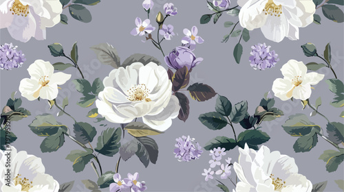 Pattern on a gray background with a white wild rose a