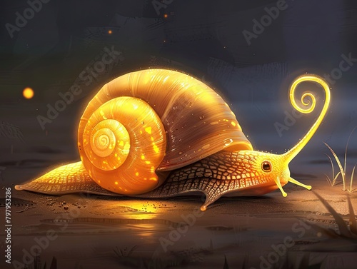 Glowing snail journeying through mystical forest at dusk.