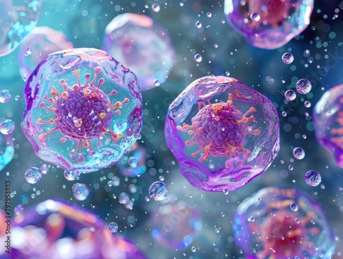 Colorful illuminated cells in liquid.