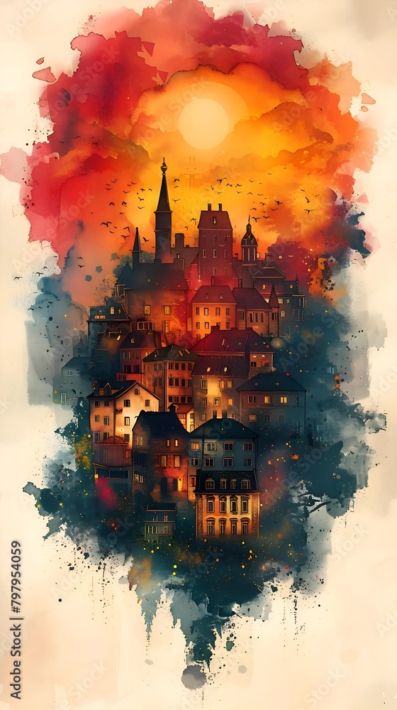Sunset Dream: A Whimsical Watercolor Town