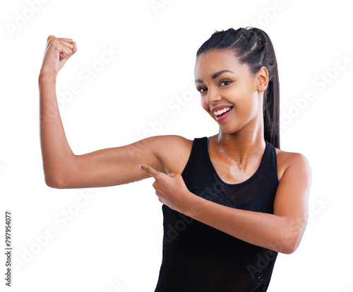 Strong, portrait of woman and muscle from workout, exercise and training for wellness isolated on white background. Show, smile or athlete for performance, gym and energy for sport in studio backdrop