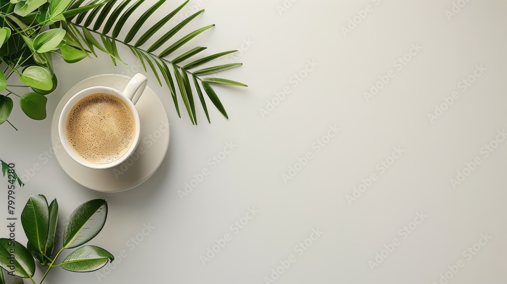 Overhead shot of a neat workspace with green plant and coffee cup. Overhead shot of a neat workspace with green plant and coffee cup.