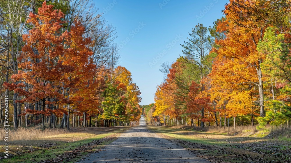 Obraz premium A road lined with trees in full autumn colors, leading to the horizon. The leaves on these trees show various shades of orange and yellow,
