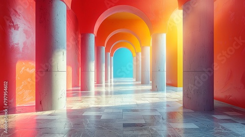 a hallway with columns and a red wall with a blue sky in the background and a white floor with a white and orange line..