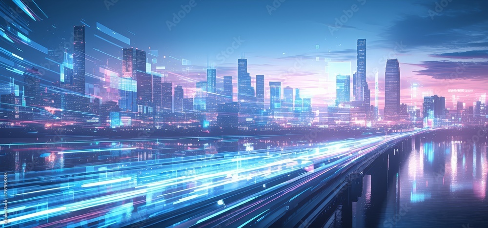 Futuristic cityscape at night with light trails, symbolizing the speed and innovation of digital marketing. Vibrant lights in blue and red, creating dynamic streaks on urban streets