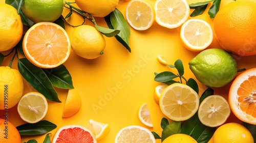 Citrus fruits arranged on a yellow background.