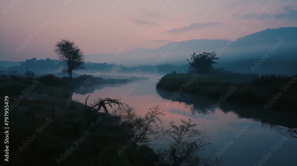 a river with a few trees on the side of it and a foggy sky above it - obrazy, fototapety, plakaty 