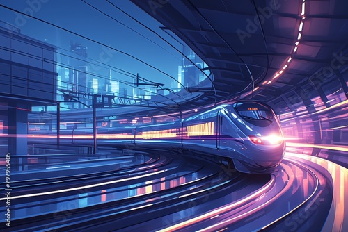 High-speed train in motion, light trails and neon lights, blurred background of the station platform. A high speed bullet train is moving fast through a dark tunnel with glowing blue lines. 