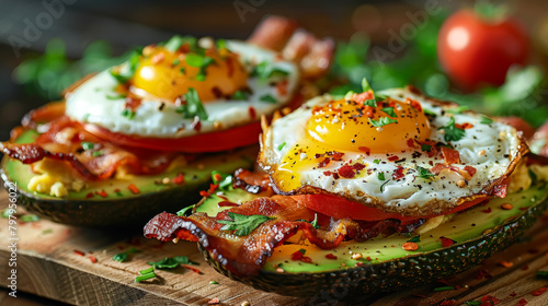 Two avocado halves with bacon and eggs on top. The avocado halves are filled with the eggs and bacon, creating a delicious and healthy breakfast option photo