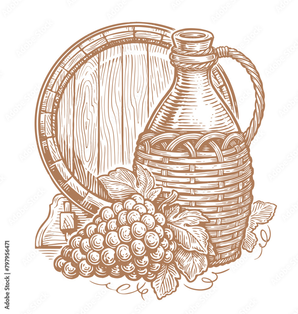 Obraz premium Jug of wine, grapes and wooden barrel. Winery, pub sketch. Hand drawn vintage vector illustration