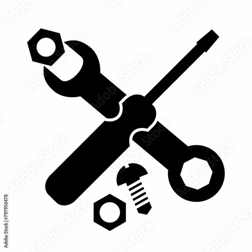 Set of tool, wrench and screwdriver, nuts and bolts, vector icon, black symbol