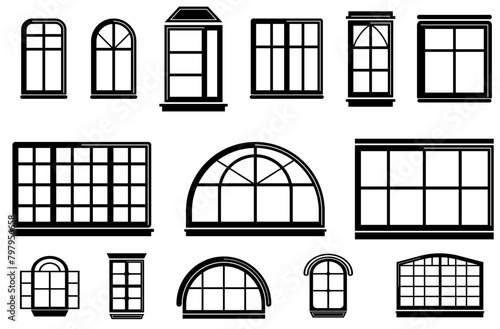 PNG, Gothic window frames line icon set. Symbol in outline flat style isolated on white background. Traditional, french, arch and round window frames. Architecture elements. Vector illustration