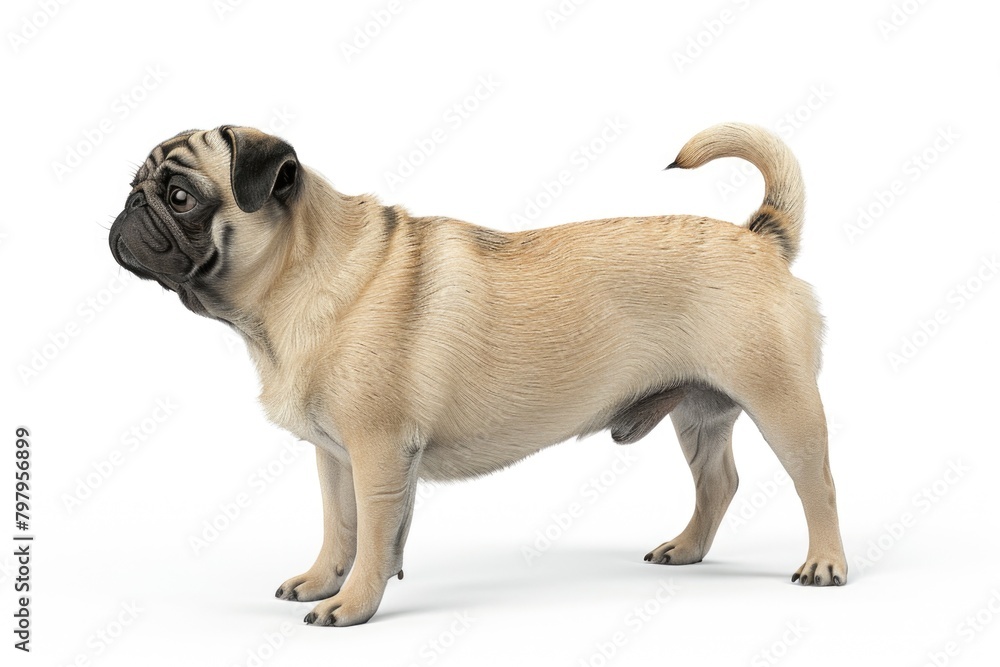Pug dog standing on a white surface, suitable for pet-themed designs