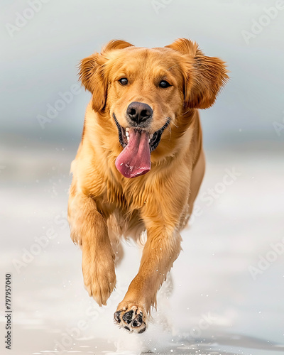 Close-up photo of a golden retrievers face in pure joy tongue lolling out