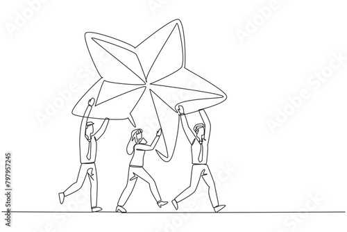 Single continuous line drawing a group of businessmen and businesswomen work together carrying star. Working together to achieve dreams together. Amazing team work. One line design vector illustration