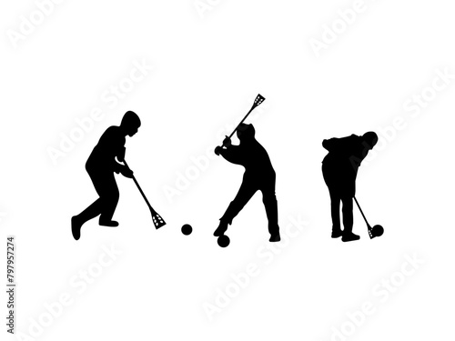 Set of broomball player silhouettes isolated on a white background.