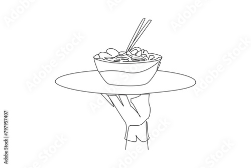 Continuous one line drawing waiter holding food tray serving noodles. Food with several toppings. Eggs, meat, vegetables. Delicious. Chopsticks. Thai food. Single line draw design vector illustration