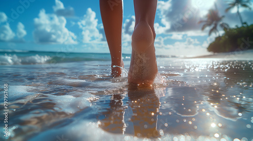 Relaxing by the sea: a sunny bright day, women's legs in clear water, reflection, shine and splash of water, golden sand create an ideal picture of relaxation photo