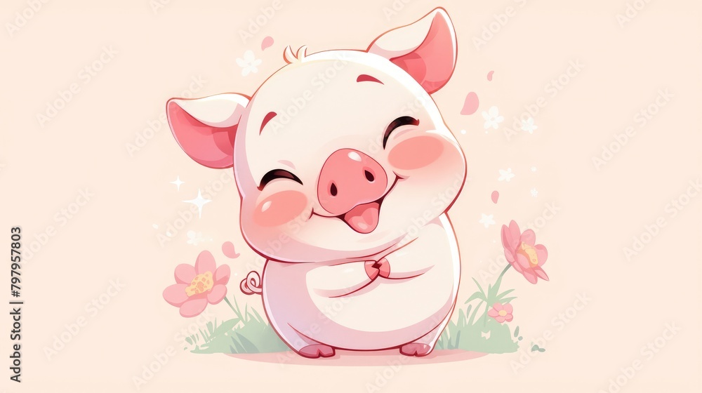 A cheerful baby pig cartoon with a big smile gleefully framed in a circle A cheerful baby pig cartoon with a big smile gleefully framed in a circle