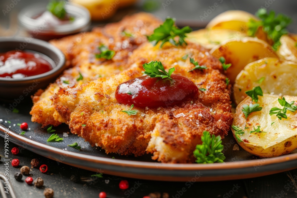 Plate of Food With Potatoes and German Schnitzel Plate of Food With Potatoes and German Schnitzel