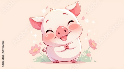 A cheerful baby pig cartoon with a big smile gleefully framed in a circle