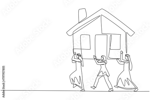 Single one line drawing group of Arab businessmen and Arab businesswomen work together carry miniature house. Profitable property investment in the future. Continuous line design graphic illustration