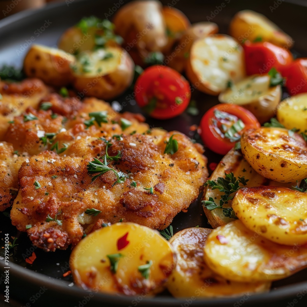 Pan Filled With Chicken, Potatoes, and Tomatoes Pan Filled With Chicken, Potatoes, and Tomatoes
