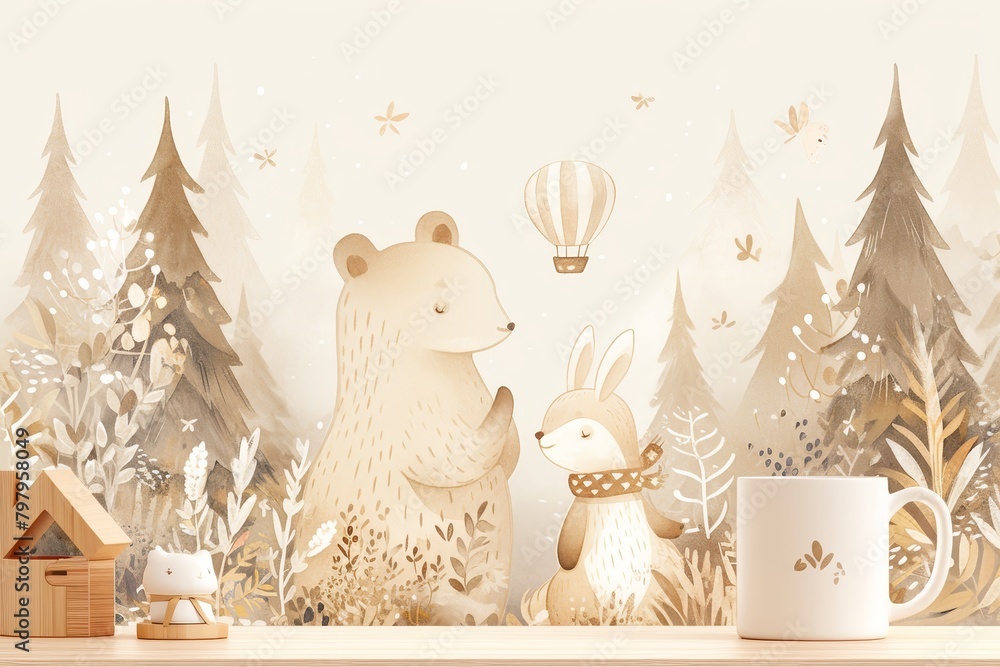 Fototapeta premium Cute bear, cute fox and cute rabbit in the forest with a hot air balloon in pink and beige colors