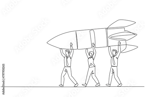 Continuous one line drawing a group of businessmen and businesswomen work together carrying a rocket. Preparing for new business. Get a promotion. Success. Single line draw design vector illustration