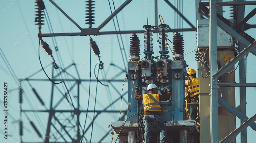 Fototapeta premium A man in a yellow vest is working on a power line