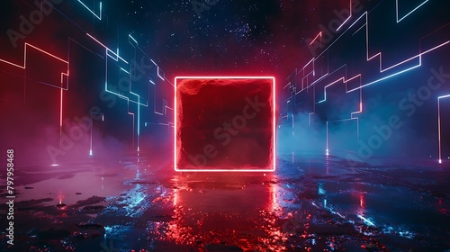 3D rendering of a glowing red cube in a dark blue tunnel. The cube is made of a glowing red material and is surrounded by a blue neon light. photo