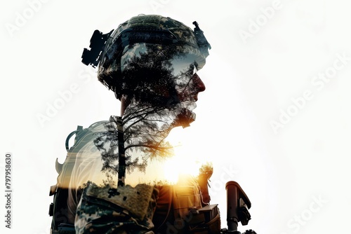 Silhouette of Soldier and Battlefield Isolated on White - Military Concepts, Armed Forces Deployment, Heroic Symbolism