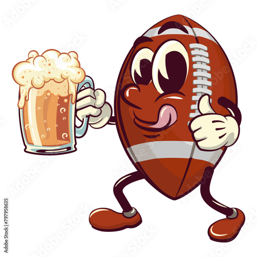 american football cartoon vector isolated clip art illustration mascot raising a large beer glass while giving a thumbs up, vector work of hand drawn