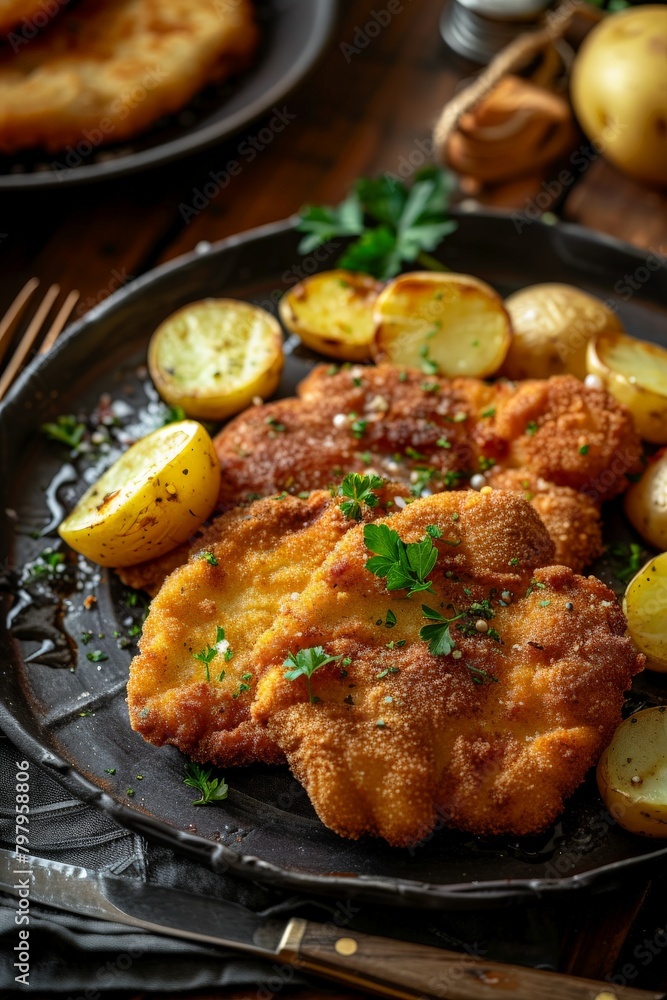 Fried Fish and Potatoes on Black Plate