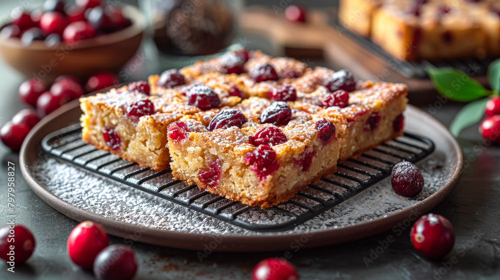 A plate of raspberry cake with powdered sugar on top. The cake is cut into squares and is sitting on a black metal rack A plate of raspberry cake with powdered sugar on top. The cake is cut into squares and is sitting on a black metal rack