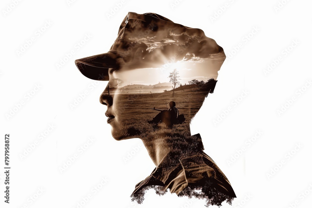 Silhouette of Soldier and Battlefield Isolated on White - Military Concepts, Armed Forces Deployment, Heroic Symbolism - obrazy, fototapety, plakaty 