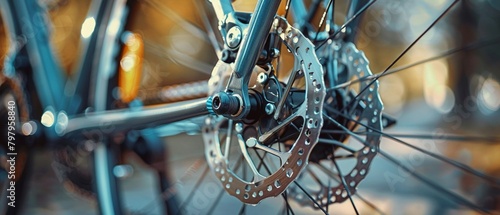 Part of the bicycles braking system Grey metal brake disc and brake pads on road bike, close up © AIDigitalart