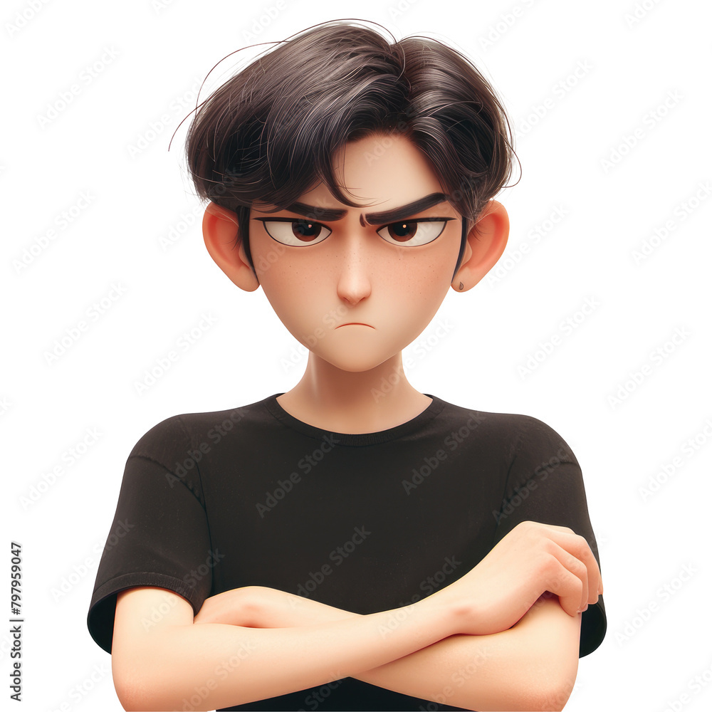 A stern Asian cartoon character arms folded stares confidently at the camera dressed in a black t shirt against a transparent background A stern Asian cartoon character arms folded stares confidently at the camera dressed in a black t shirt against a transparent background