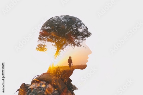 Silhouette of Soldier and Battlefield Isolated on White - Military Concepts, Armed Forces Deployment, Heroic Symbolism
