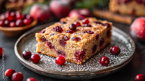 A plate of raspberry cake with powdered sugar on top. The cake is cut into squares and is sitting on a black metal rack