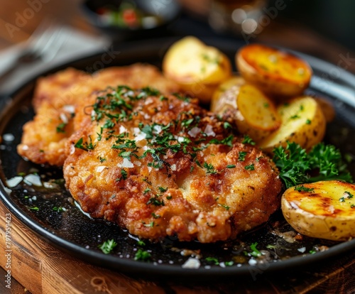 Black Plate With Meat and Potatoes